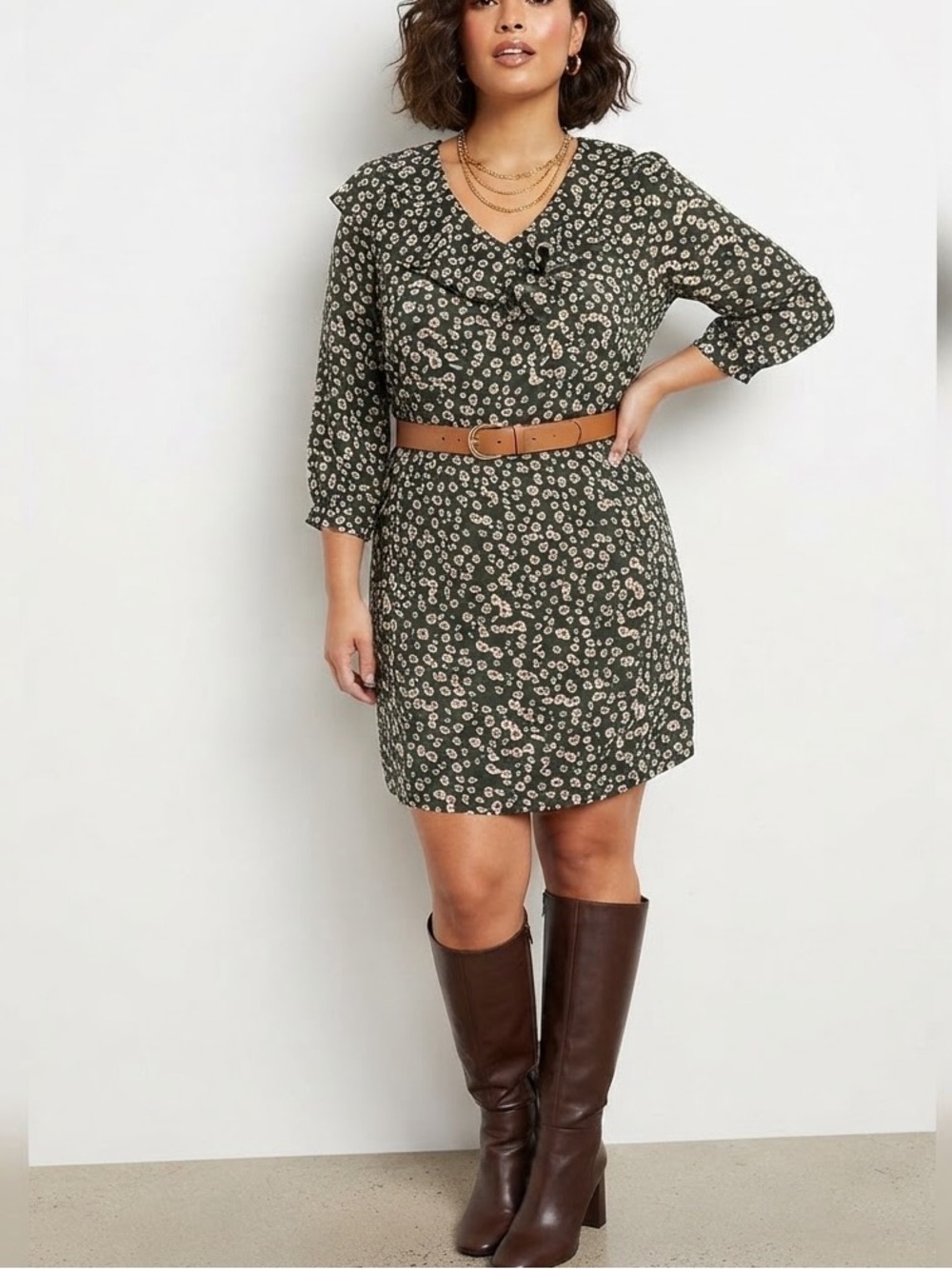 Michelle McDowell Olive Floral Ruffle Collar Mini Dress NWT Size L Long Sleeve🩷